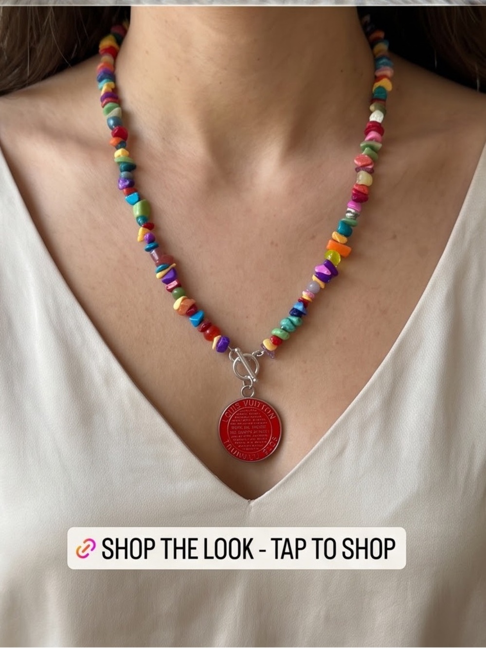 Unbranded Multicolor Beaded Necklace with Red Disc Pendant 21 inch